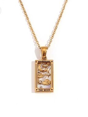 18k Gold 'Plated The Moon' Tarot Card Pendant Necklace. New.